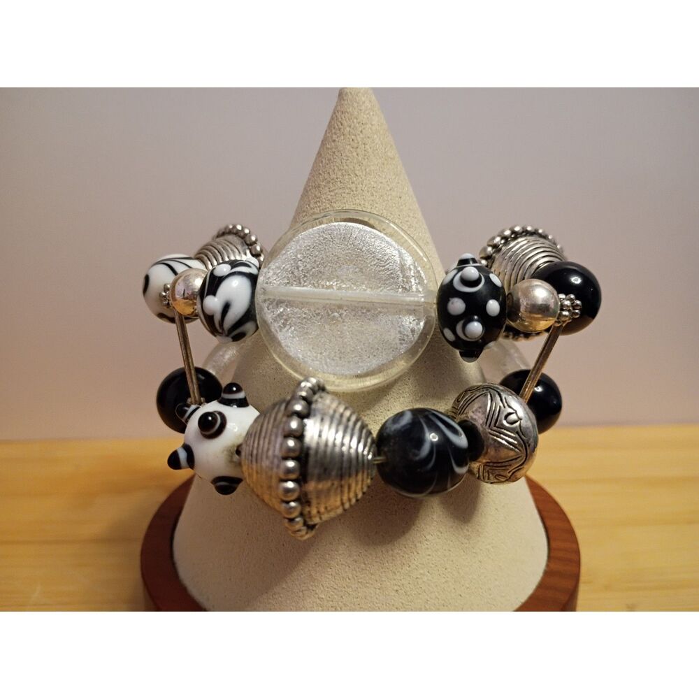 Vintage Style Bracelet with Fancy Black & White Glass Beads Double Strand